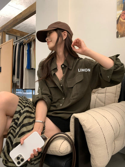 【L11321】檸檬家慵懶率性・工裝風寬鬆翻領長袖襯衫260921