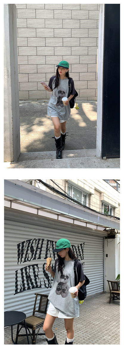 【H5365】實拍夏天韓版墨鏡小狗寬鬆長版棉質T恤250708