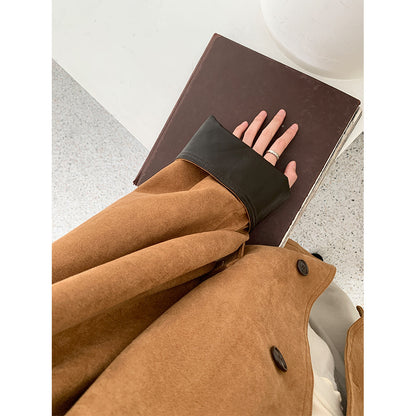 【H569】實拍復古個性皮革拼麂皮絨大衣外套＋麂皮肩背包251021