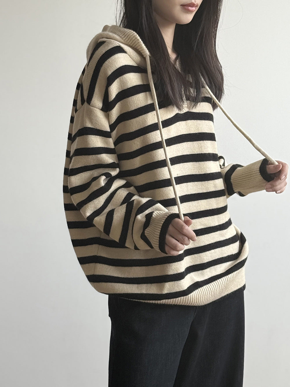 【Y899】實拍冬季條紋針織連帽毛衣251106