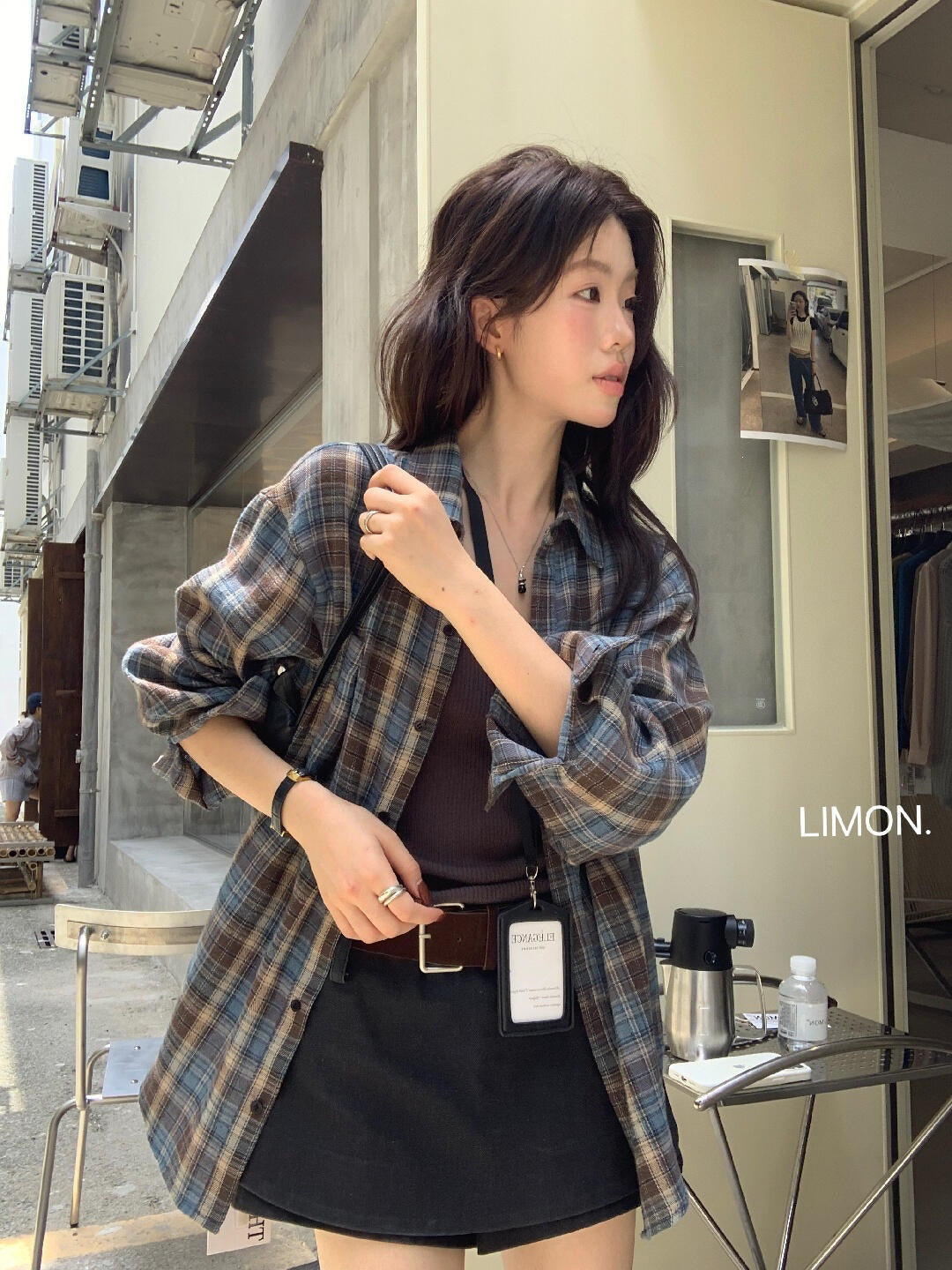 【L11087】檸檬早秋新款慵懶輕質感格紋寬鬆顯瘦長袖襯衫260728