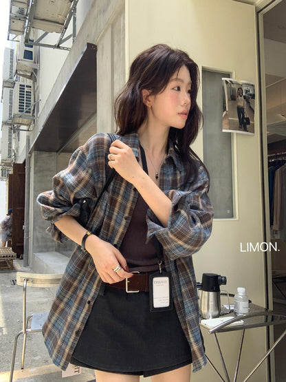 【L11087】檸檬早秋新款慵懶輕質感格紋寬鬆顯瘦長袖襯衫260728