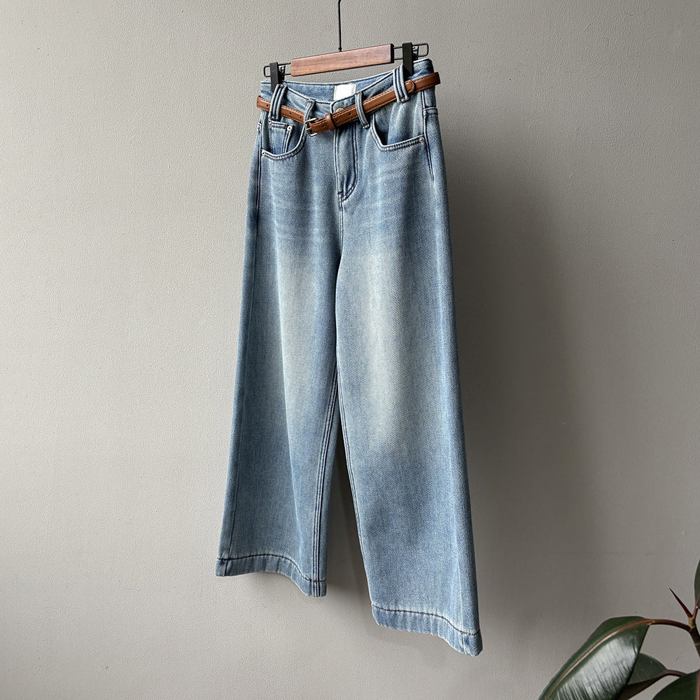 【Y981316】實拍S~XL冬季高腰加絨直筒牛仔褲含腰帶251106