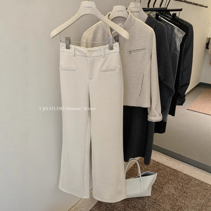 【LY9588】實拍Y.JIA 簡約毛呢加絨加厚微喇休閒褲251208