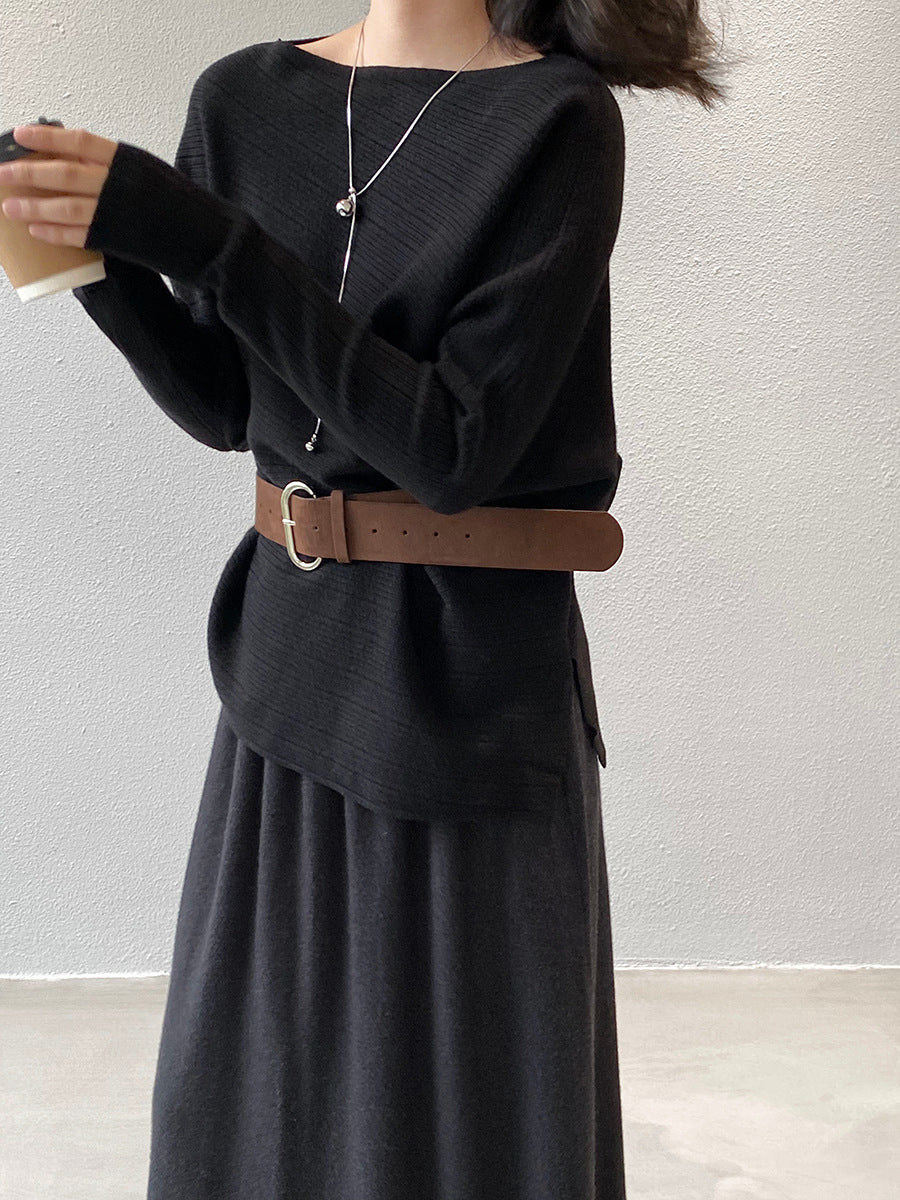 【cim9033】實拍韓系高級感長袖斜肩針織衫＋腰帶251030