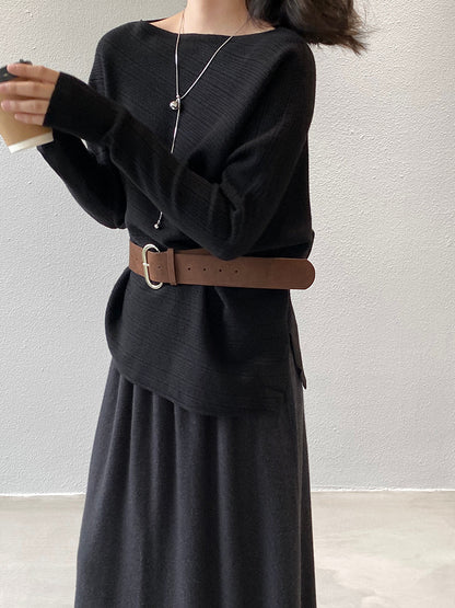 【cim9033】實拍韓系高級感長袖斜肩針織衫＋腰帶251030