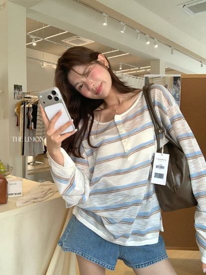 【LT330】實拍檸檬韓系慵懶鬆弛感☁️設計感寬鬆條紋長袖防曬針織上衣260408