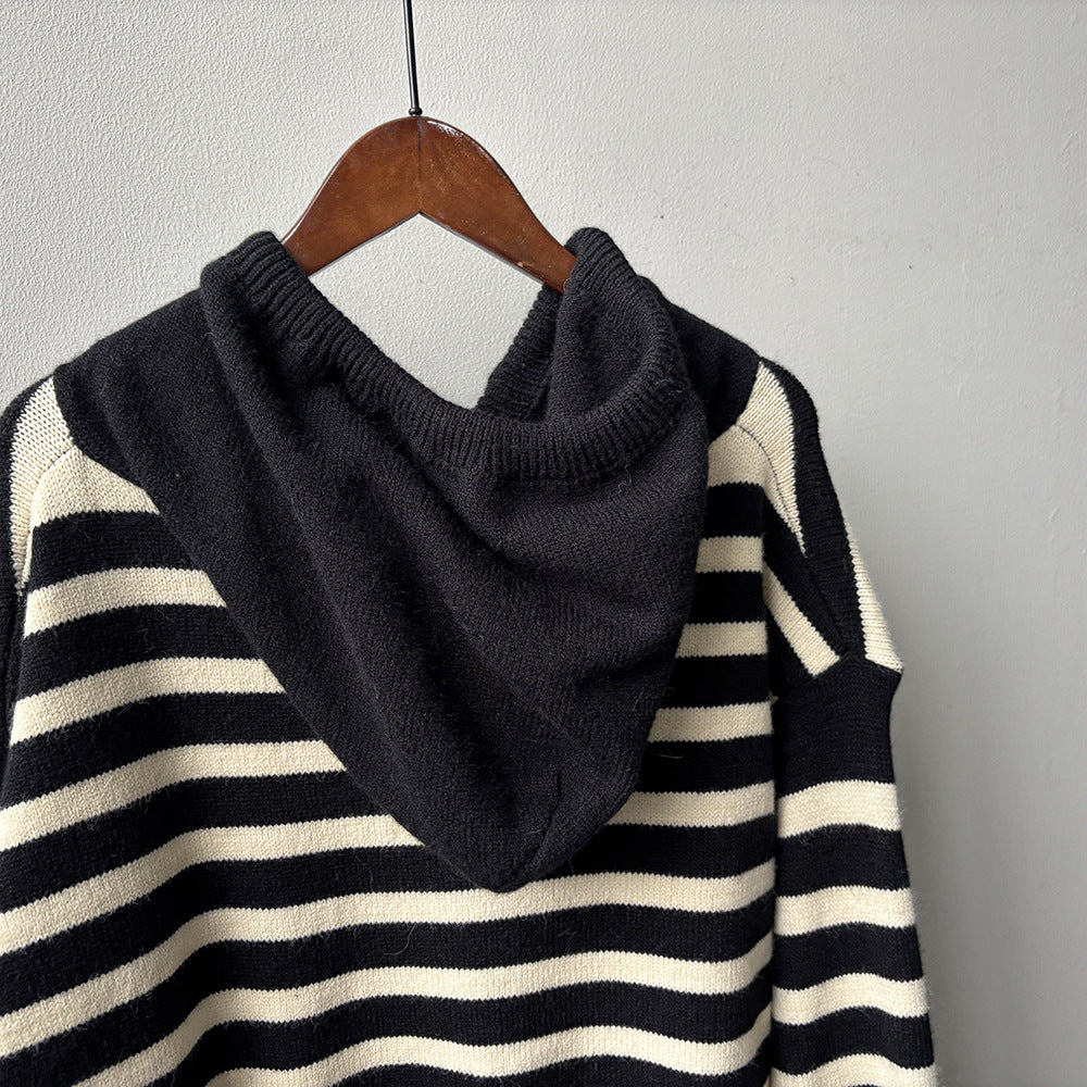 【Y899】實拍冬季條紋針織連帽毛衣251106