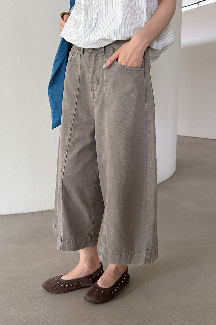 【LD11373】美式S~XL復古百搭👖水洗棉分割設計高腰顯瘦牛仔七分寬褲260630