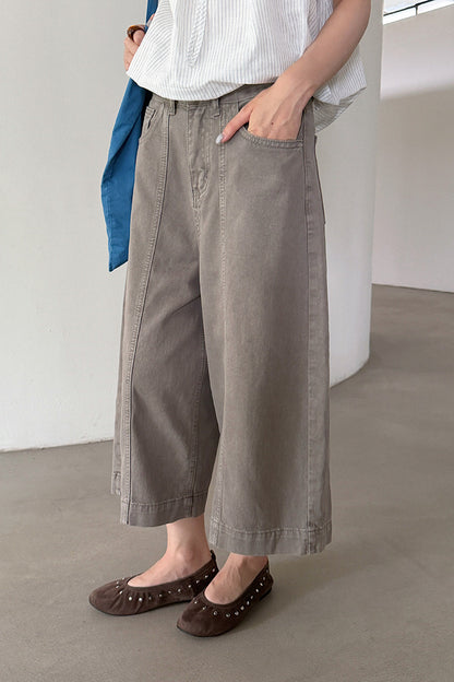 【LD11373】美式S~XL復古百搭👖水洗棉分割設計高腰顯瘦牛仔七分寬褲260630