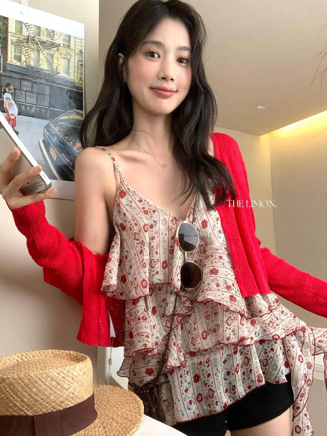 【L10658】復古甜美少女感🎀浪漫碎花飄帶荷葉邊無袖細肩帶背心上衣260518