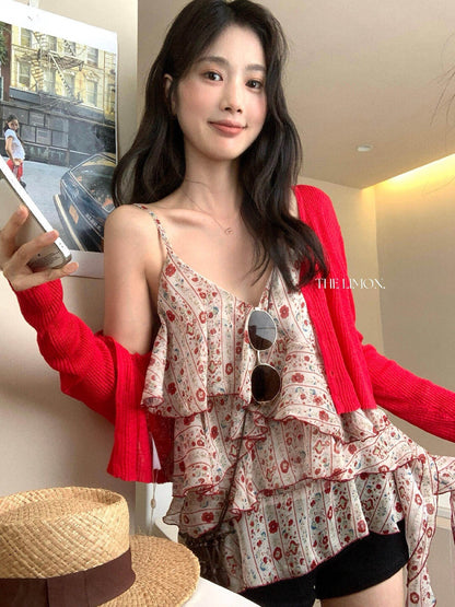 【L10658】復古甜美少女感🎀浪漫碎花飄帶荷葉邊無袖細肩帶背心上衣260518