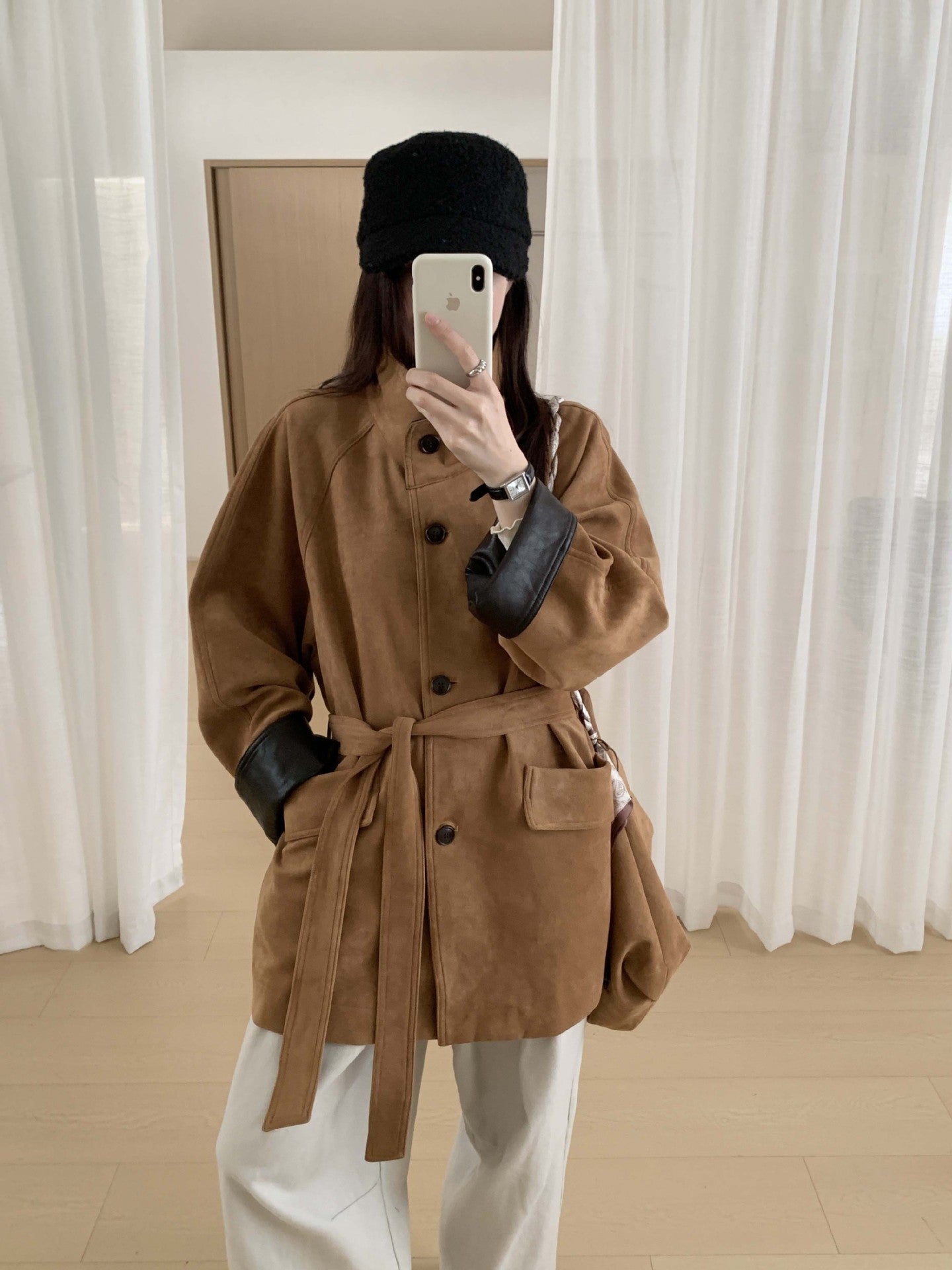 【H569】實拍復古個性皮革拼麂皮絨大衣外套＋麂皮肩背包251021