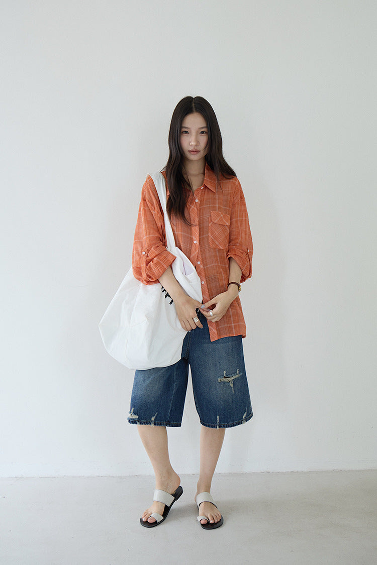 【LD11299】夏日活力維他命🍊薄款桔色格子防曬襯衫260714