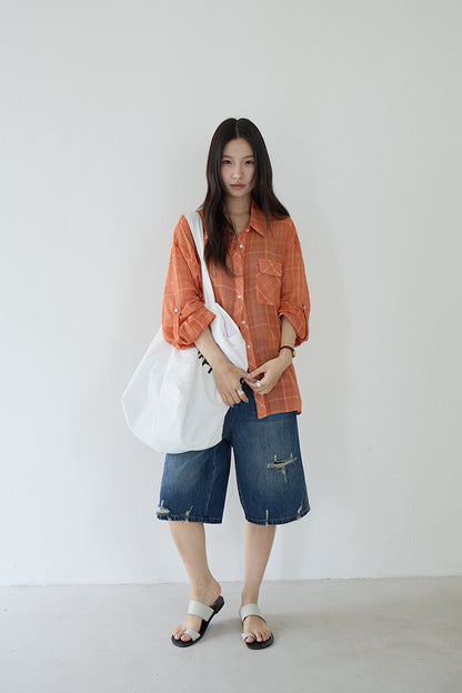 【LD11299】夏日活力維他命🍊薄款桔色格子防曬襯衫260714