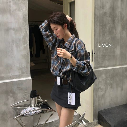 【L11087】檸檬早秋新款慵懶輕質感格紋寬鬆顯瘦長袖襯衫260728