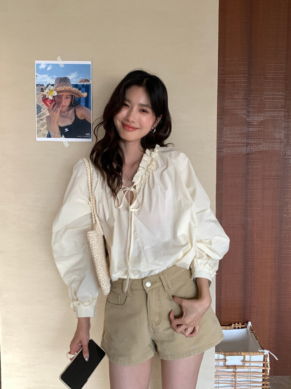 【L10165】實拍檸檬韓系氛圍感仙女✨精緻木耳邊顯瘦V領綁帶長袖襯衫260318