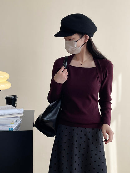 【cimYL1092】實拍方領顯瘦毛衣女假兩件氣質長袖針織衫241030