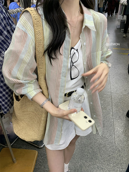 【L8505】實拍檸檬復古中性條紋長袖襯衫250414