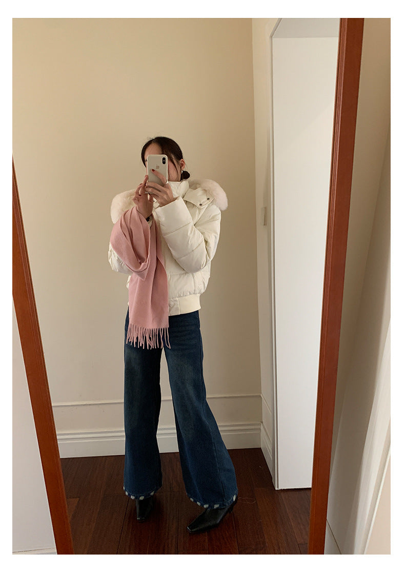 【H5501】實拍奶油風毛領連帽短款加厚棉服251118