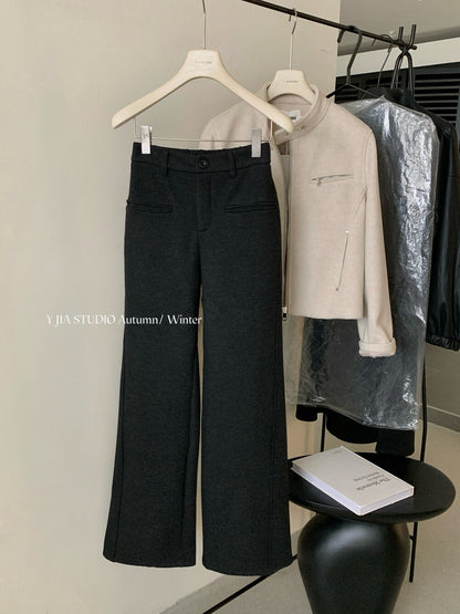 【LY9588】實拍Y.JIA 簡約毛呢加絨加厚微喇休閒褲251208