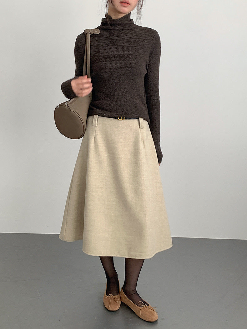 【LD11070】實拍氣質毛呢A字傘裙＋腰帶251209