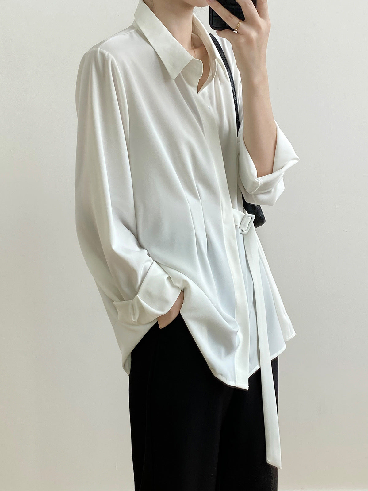【Y80621】實拍韓國早春設計感顯瘦繫帶垂感襯衫240116