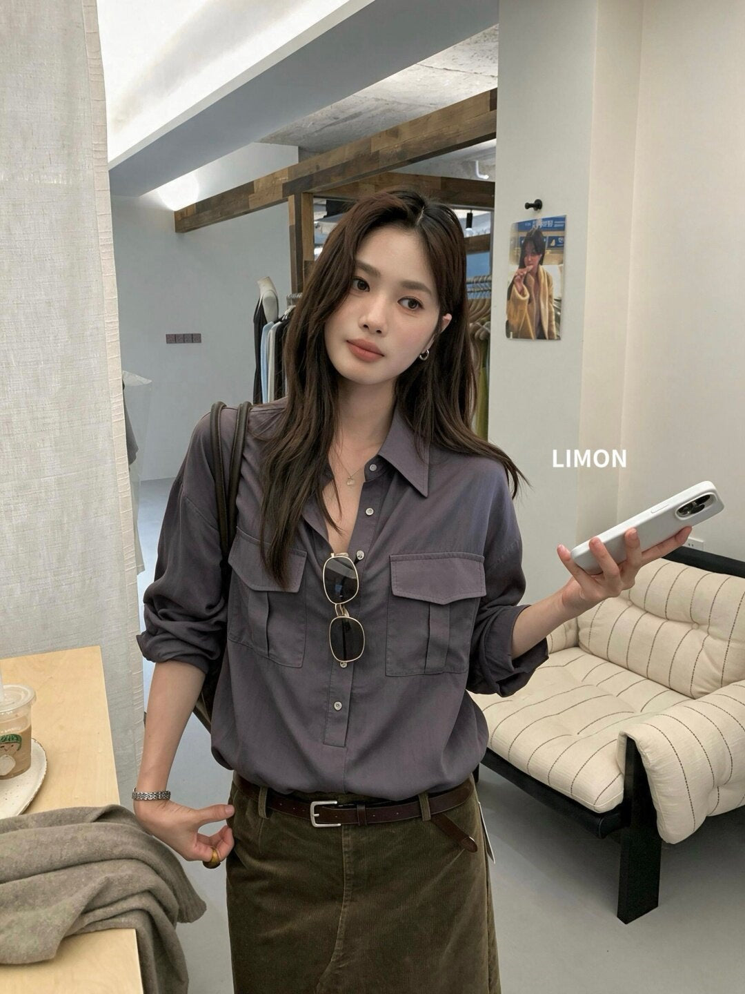 【L11321】檸檬家慵懶率性・工裝風寬鬆翻領長袖襯衫260921