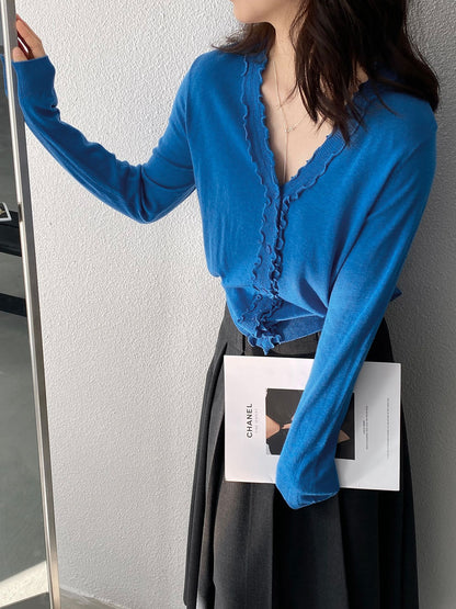 【cimz5643】韓系清新氧氣感🍃寬鬆顯瘦木耳邊V領花邊薄款針織上衣260319
