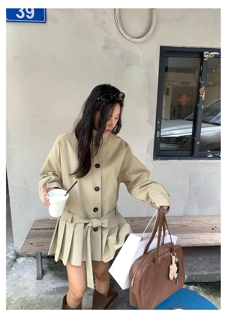 【H5400】實拍韓系慵懶卡其立領收腰風衣外套250902