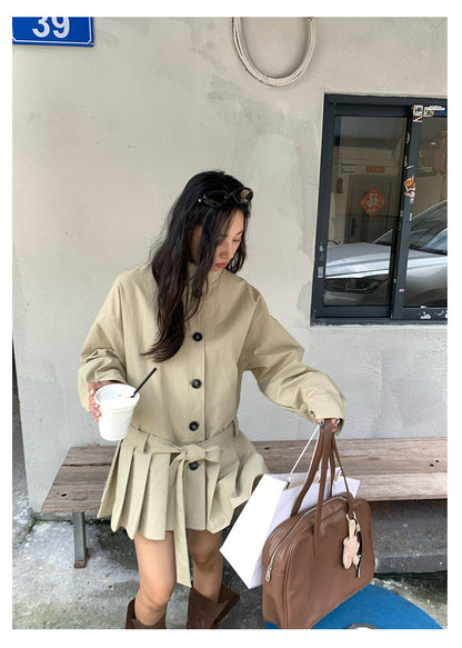 【H5400】實拍韓系慵懶卡其立領收腰風衣外套250902