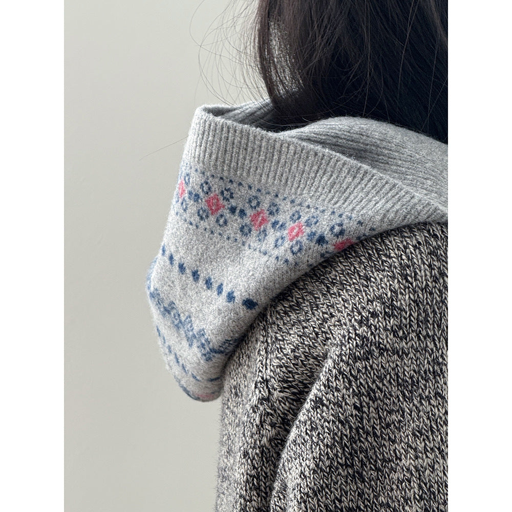 【YW571】實拍冬季復古可愛費爾島提花一体連帽針織圍巾251113