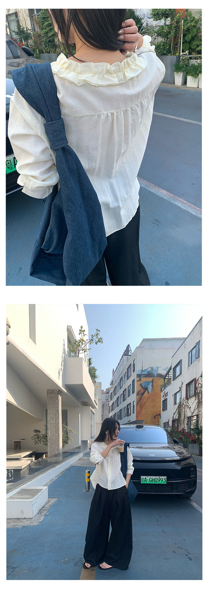 【H5021】實拍法式小清新荷葉V領長袖襯衫250210