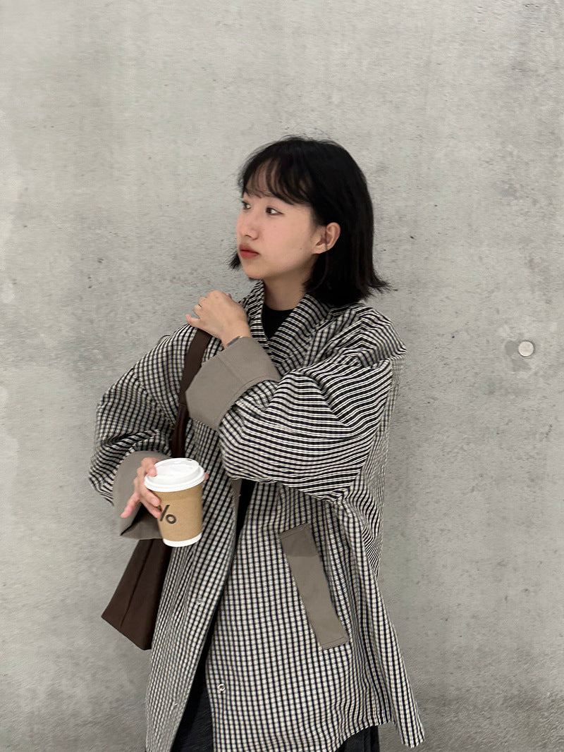 【cim1228】實拍韓國高級天絲棉雙面可穿黑白格風衣外套251030