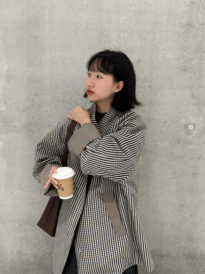 【cim1228】實拍韓國高級天絲棉雙面可穿黑白格風衣外套251030