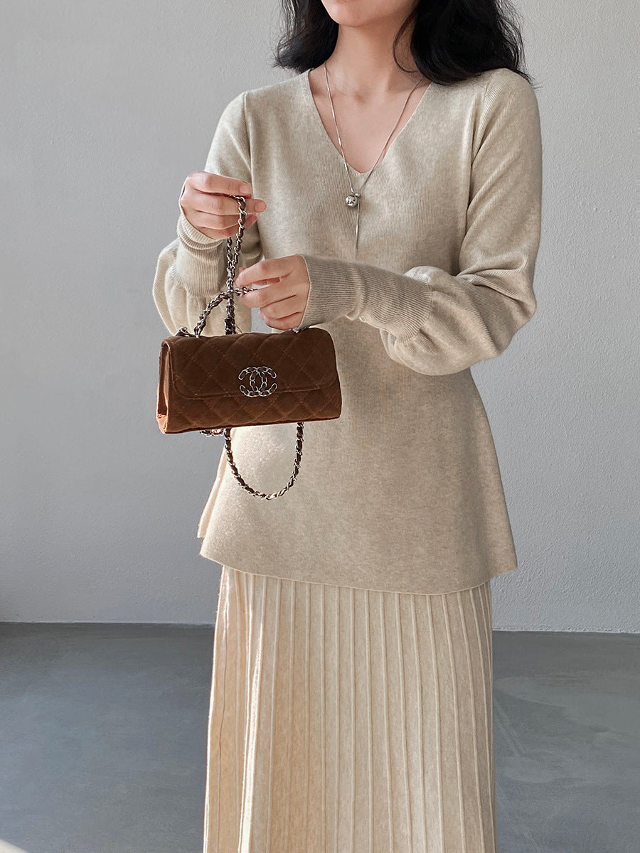 【cimz6652】實拍氣質半高領/V領燈籠袖極簡氣質針織衫251128