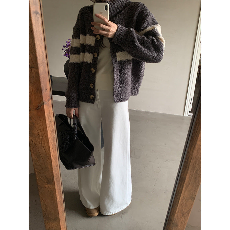 【H5511】實拍 懶懶撞色條紋開衫針織毛衣
251118