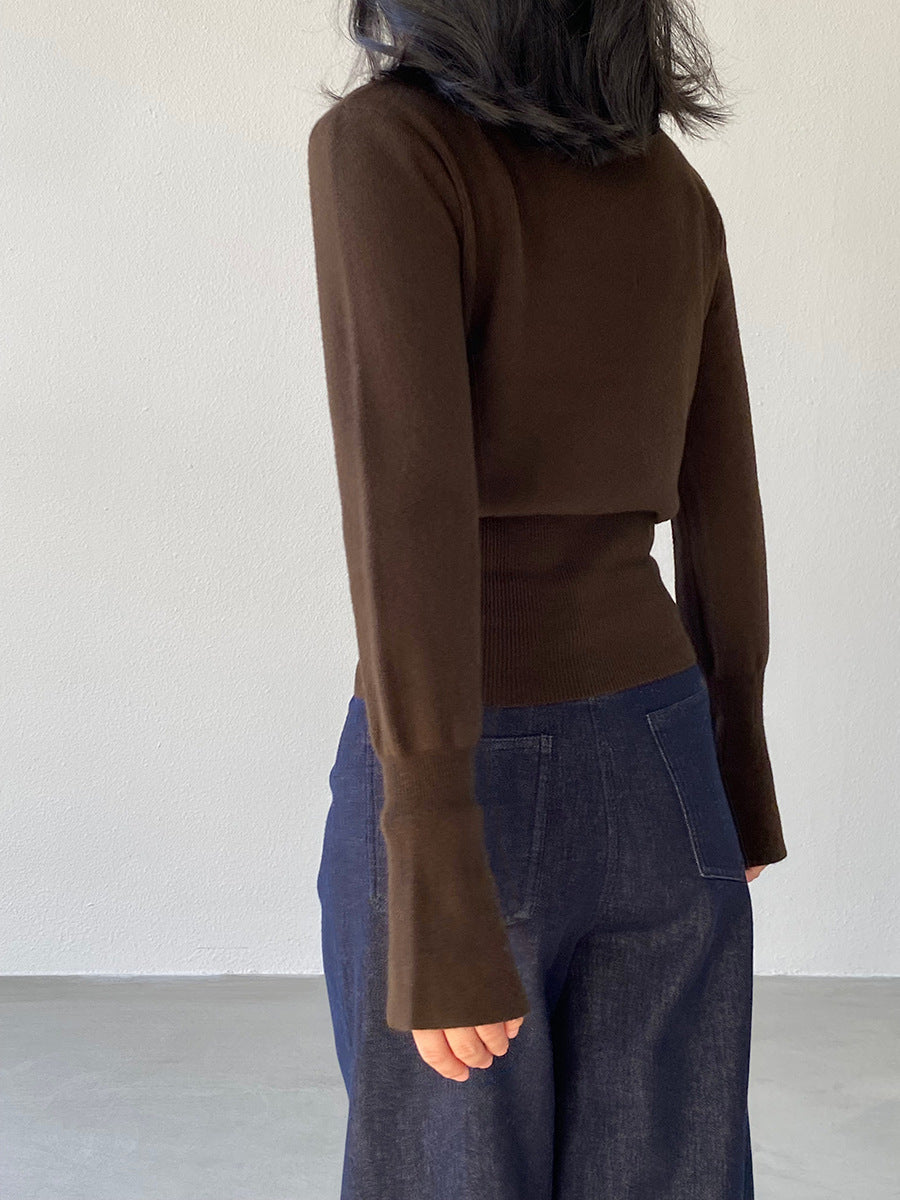 【cimz3012】實拍韓系氣質半高領喇叭袖收腰針織衫251201