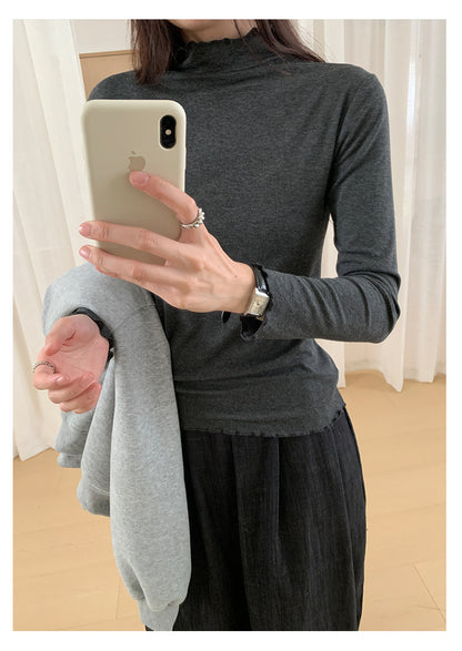 【H568】實拍基礎款木耳邊半高領純色打底衫251021