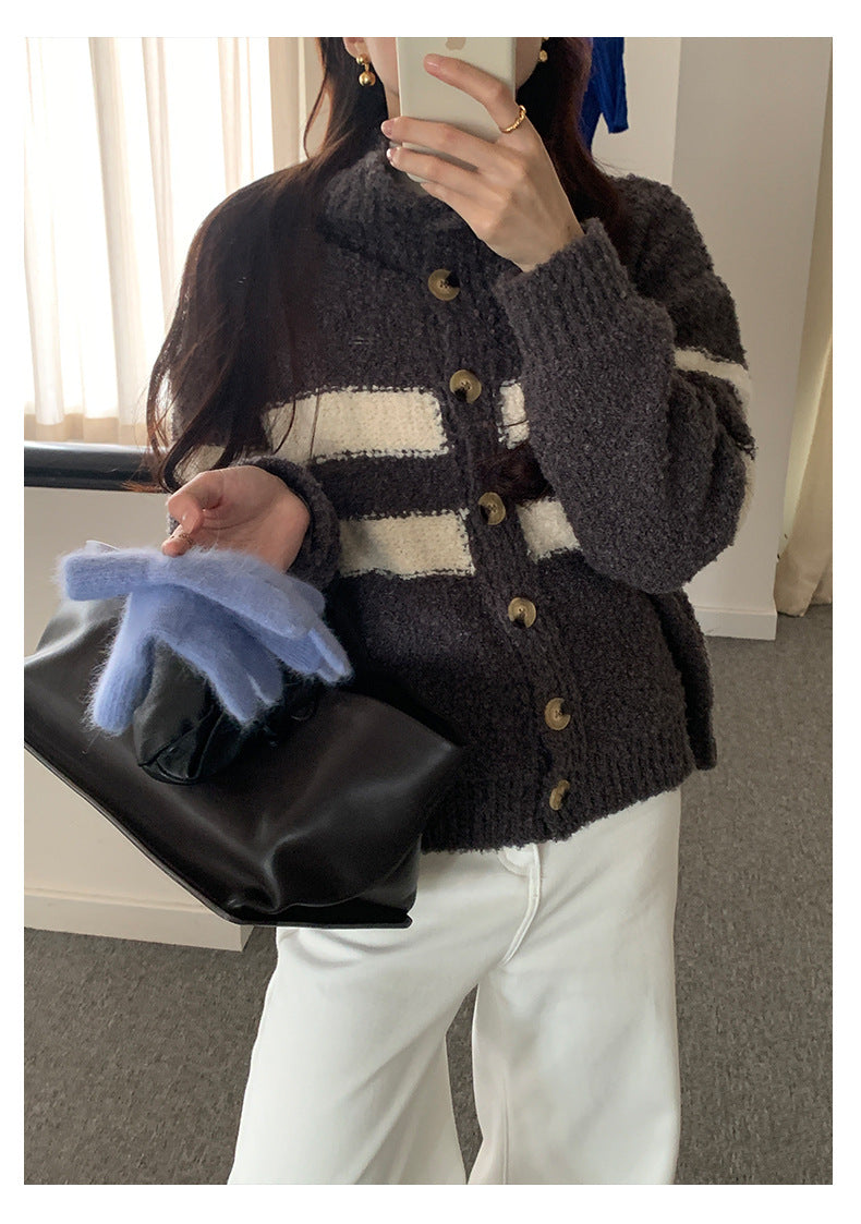 【H5511】實拍 懶懶撞色條紋開衫針織毛衣
251118