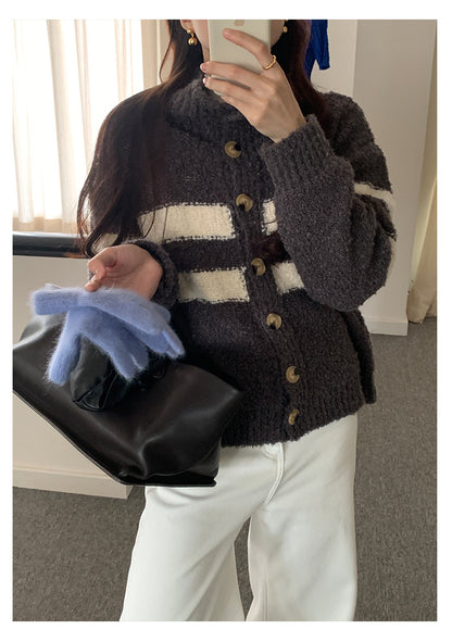 【H5511】實拍 懶懶撞色條紋開衫針織毛衣
251118