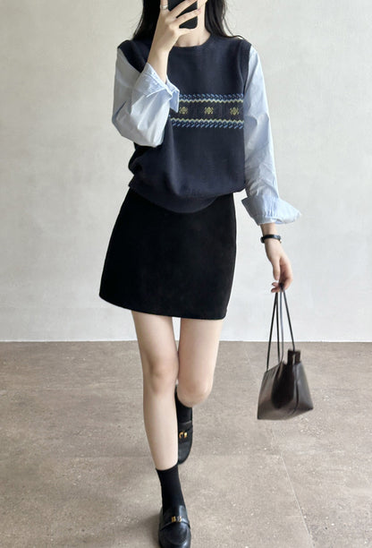 【YP2635】復古費爾島・圓領襯衫袖拼接假兩件針織上衣261015