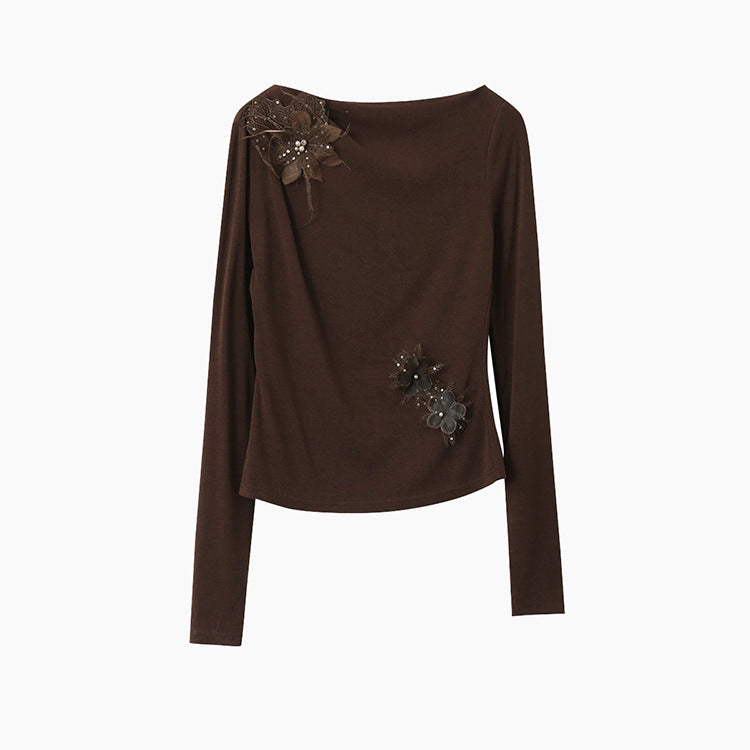 【LD3277】實拍立體花朵長袖一字領T恤251103