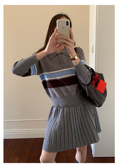 【H5518】實拍復古中性條紋針織衫＋針織百褶裙251125