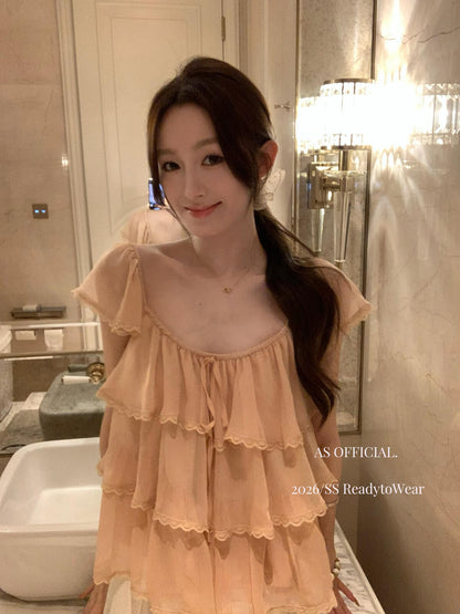 【L28012】法式甜美少女感🎀百搭減齡精緻蕾絲邊飛飛袖短袖上衣260526