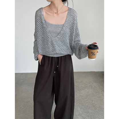 【cim687】實拍慵懶深V鏤空針織罩衫+吊帶背心（羊毛6％）250904