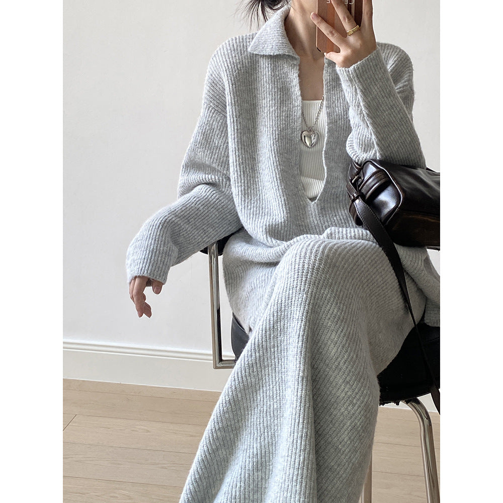 【YP680】 實拍深V慵懶毛衣＋針織長裙(含羊6%) 套裝251023