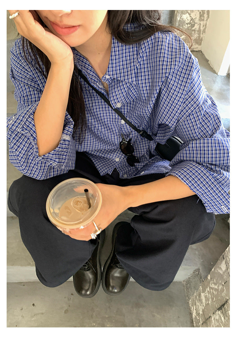 【H5401】實拍後背開叉藍色格子長袖襯衫250902