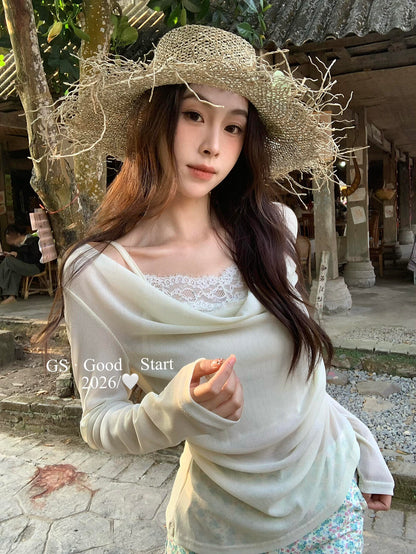 【LN0030W】法式慵懶氛圍感☕氣質假兩件垂墜領長袖上衣260323