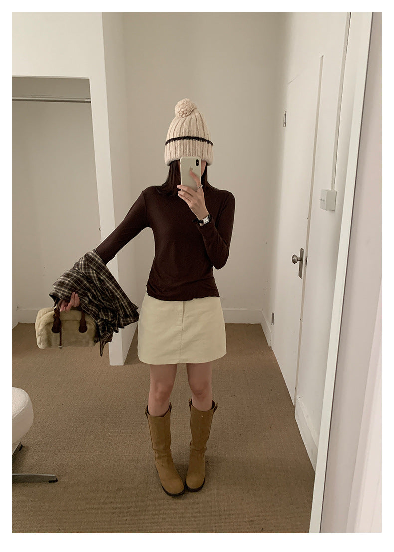 【H568】實拍基礎款木耳邊半高領純色打底衫251021